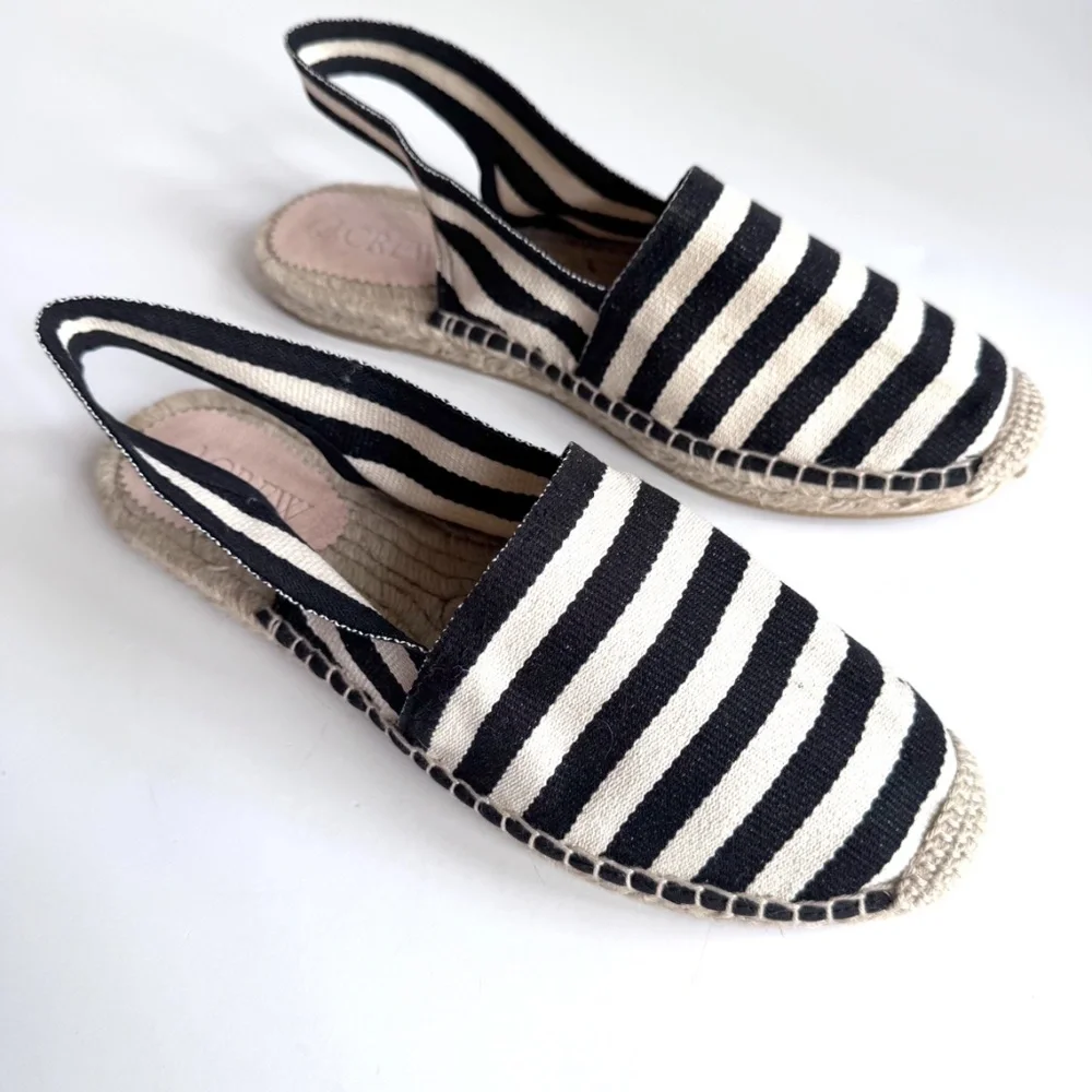 NWOT J. Crew Black and White Striped Espadrille Slingback Flats